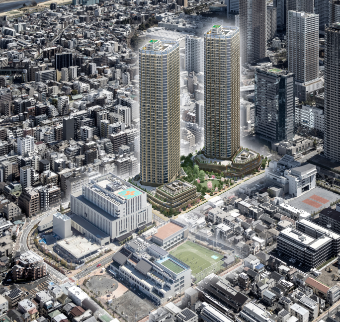 外観完成予想CG＋現地周辺空撮（2024年2月撮影）
