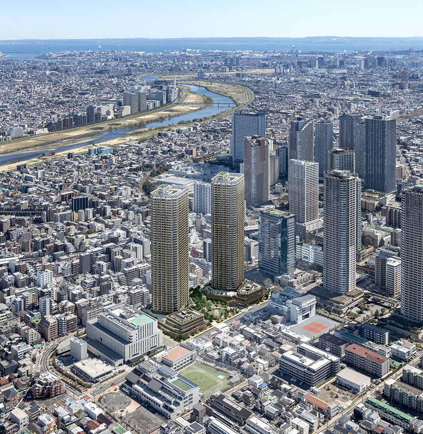 外観完成予想CG＋現地周辺空撮（2024年2月撮影）