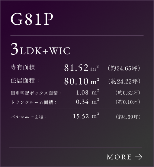 G81Pタイプリンク、3LDK+WIC。専有面積：81.52㎡（約24.65坪）。専有面積：80.10㎡（約24.23坪）。個別宅配ボックス面積：1.08㎡（約0.32坪）。トランクルーム面積：0.34㎡（約0.10坪）。バルコニー面積：15.52㎡（約4.69坪）。