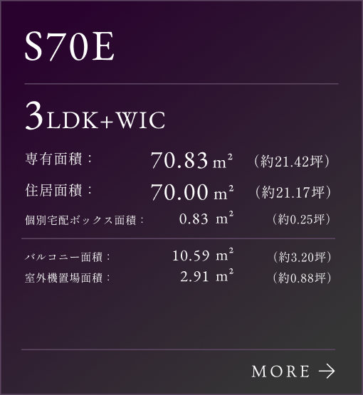 S-70Eタイプリンク、3LDK+WIC。住居面積：70.83㎡（約21.42坪）。個別宅配ボックス：0.83㎡（約0.25坪）。専有面積：70.00㎡（約21.17坪）。バルコニー面積：10.59㎡（約3.20坪）。