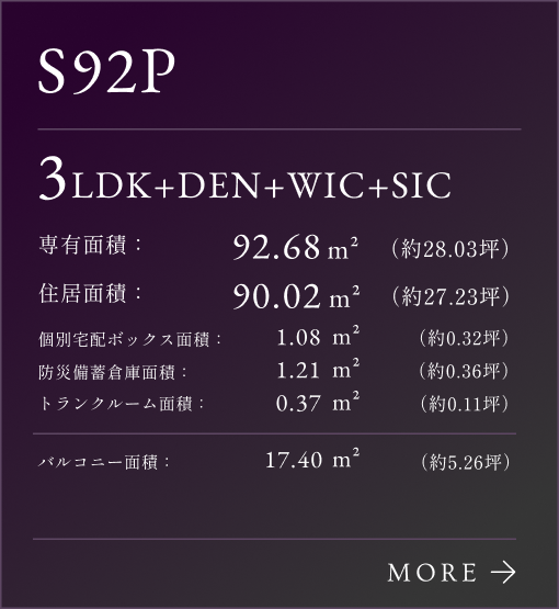 S92Pタイプリンク、3LDK+DEN+WIC+SIC。専有面積：92.68㎡（約28.03坪）。専有面積：90.02㎡（約27.23坪）。個別宅配ボックス面積：1.08㎡（約0.32坪）。防災備蓄倉庫面積：1.21㎡（約0.35坪）。トランクルーム面積：0.37㎡（約0.11坪）。バルコニー面積：17.40㎡（約5.26坪）。