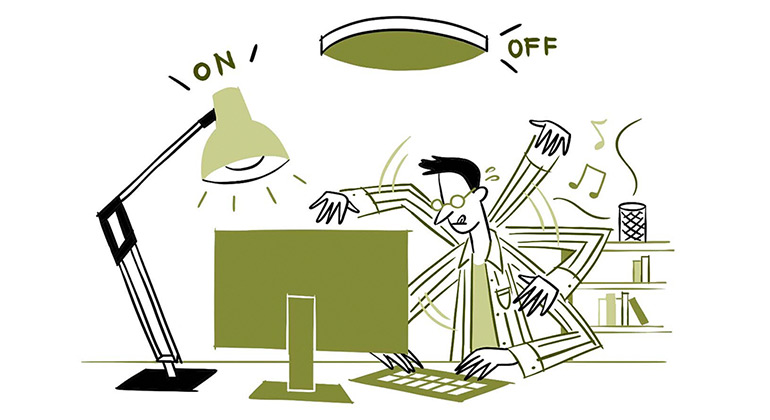 照明と音楽を仕事モードにしている人のイラスト
