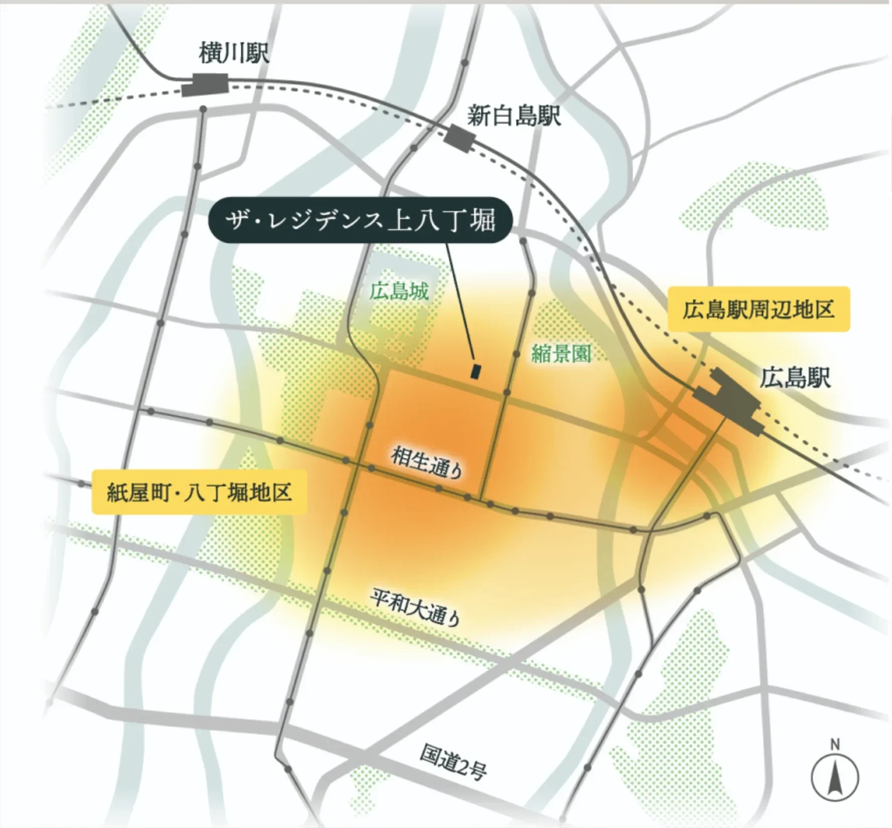 紙屋町・八丁堀と広島駅を結ぶ楕円形の都心と現地の立地概念図