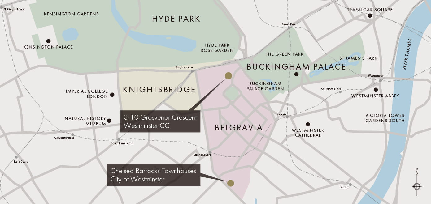 ロンドンの地図。Studio PDPの実績である3-10 Grosvenor CrescentとChelsea Barracks Townhousesの位置を示している